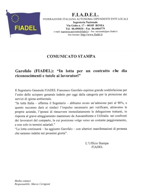 Comunicato stampa Segr. Gen.le FIADEL Francesco Garofalo
